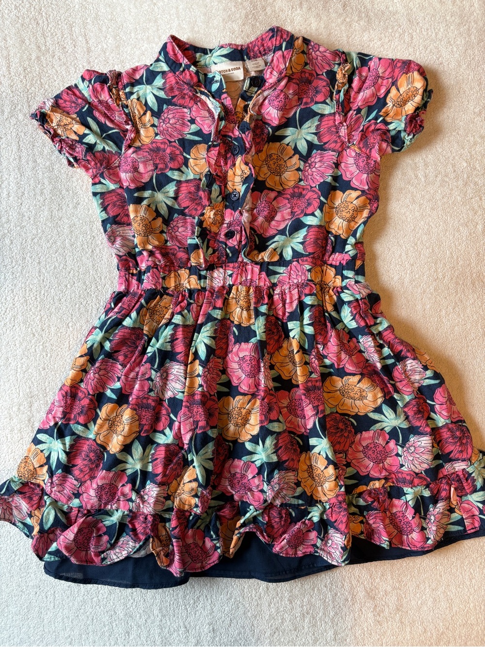 Scotch and Soda Girls Floral Dress. Sz 7/8. Pink Navy Blue, Collared Dress
